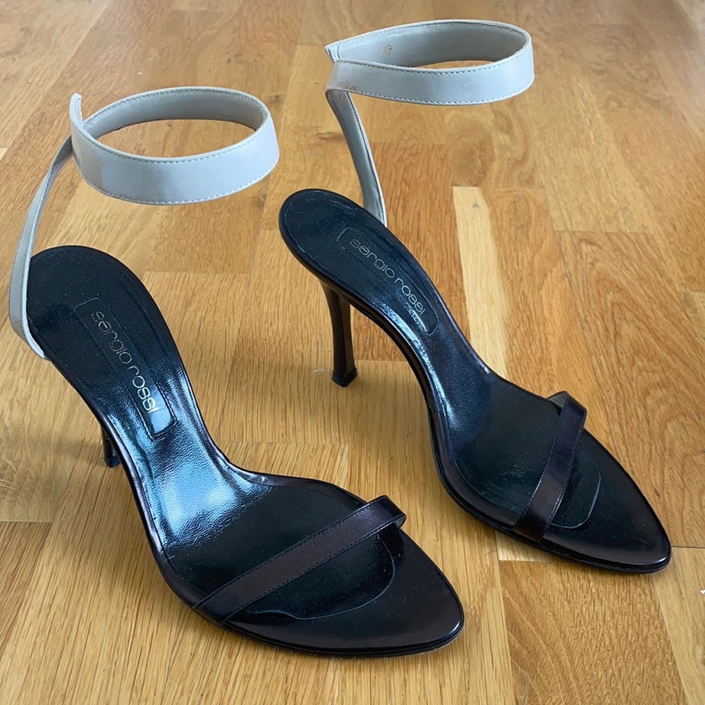 Sergio Rossi black grey ankle strap heel sandals 7
